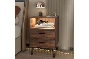 LVSOMT Nightstand with Charging Station and USB Ports, Rustic Brown Bedside Table with Open Shelf, Mid Century Modern Nightstand with 2 Drawers, Night Stands for Bedroom…