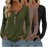 Velvelhall 3 Pack Women's Long Sleeve Henley Shirts Button U Neck Tops Casual Layering Tee Blouse 2025 Fall Trendy T-Shirts