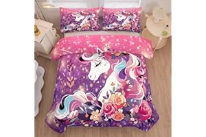 Tailor Shop Girls Twin Bedding Set Pink Purple Unicorn Girls Comforter Set Kids Bedding Sets for Girls All Season with 1 Pillowcase………