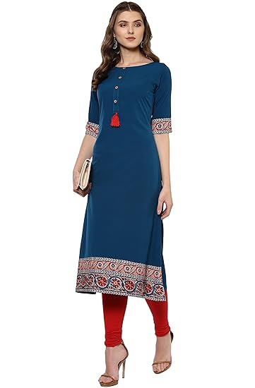 Women's Turquoise Poly Crepe A-line Kurta