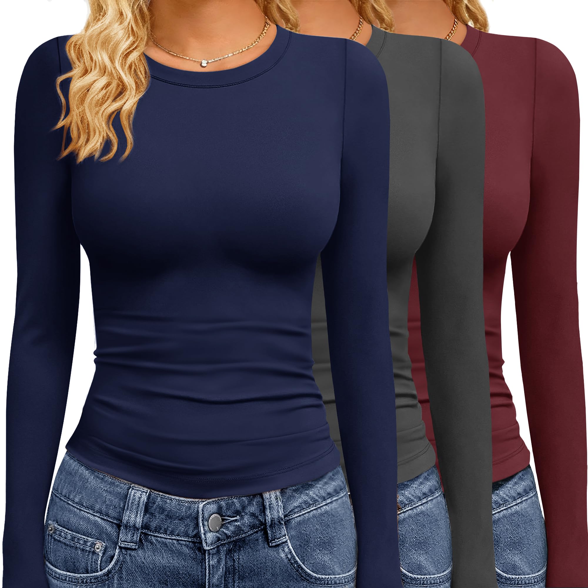GAYHAY 3 Pack Long Sleeve Shirts for Women Basic Tops Crew Neck Fitted Tight Workout Tees Y2K Clothes Going Out Fashion 2025 Navy Blue Grey Burgundy Image