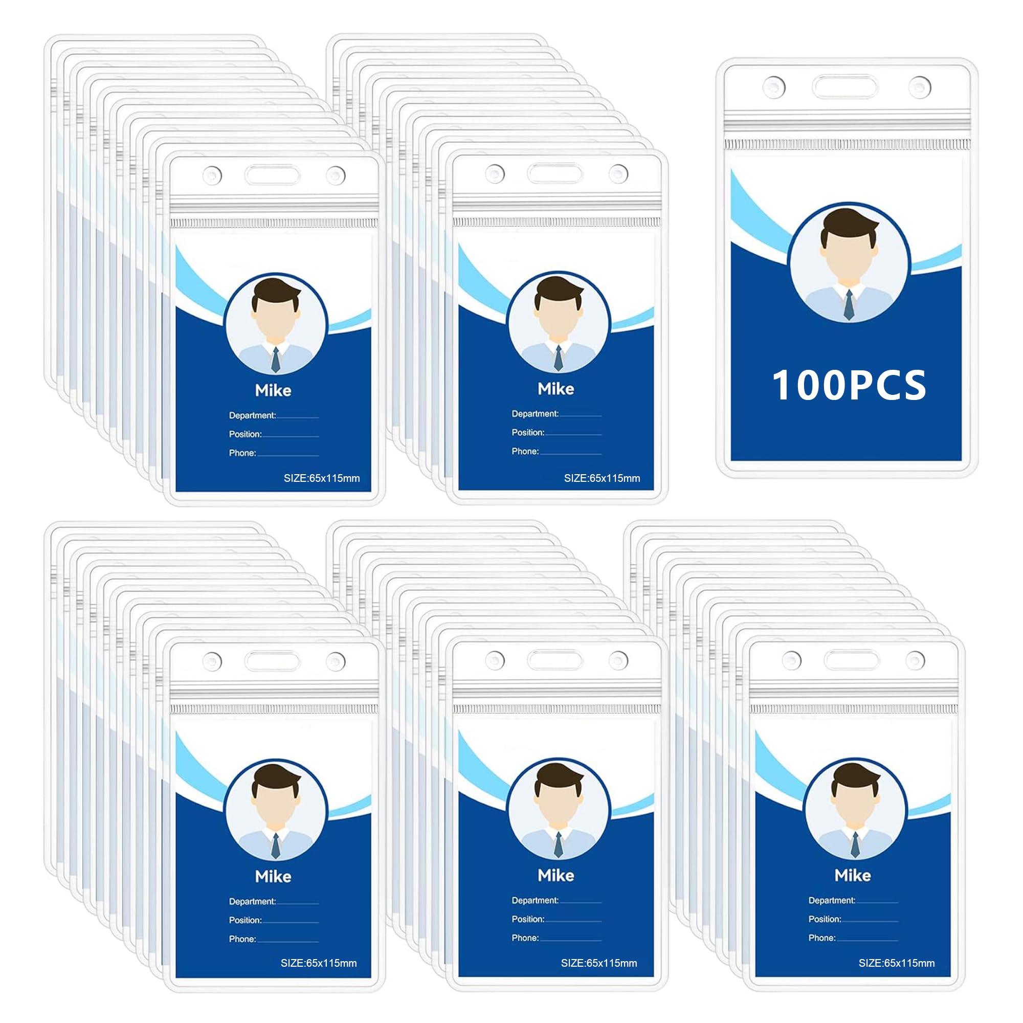 100pcs Plastic Card Holder for Lanyard, Vertical Clear ID Card Holders, Waterproof Name Tag ID Badge Holders for Multiple Cards