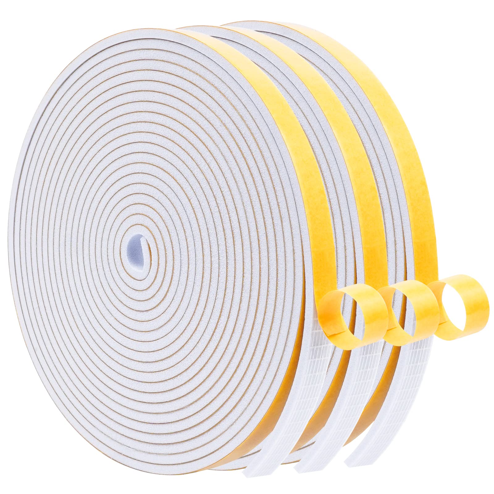 WochiTV Foam Tape Weather Stripping 10mm(W) x 3mm(T) White, Insulation Soundproofing Strips Tape Gasket Seal for Doors and Window Jamb, Sliding Door Frame, Total 15m (3 Rolls, 5M Long Each)