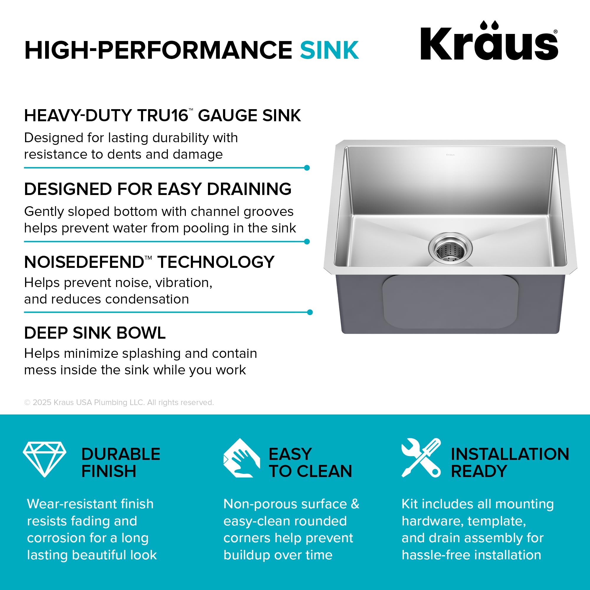 KRAUS Standard PRO 23-Inch 16 Gauge Undermount Single Bowl Stainless Steel Kitchen Sink, KHU101-23