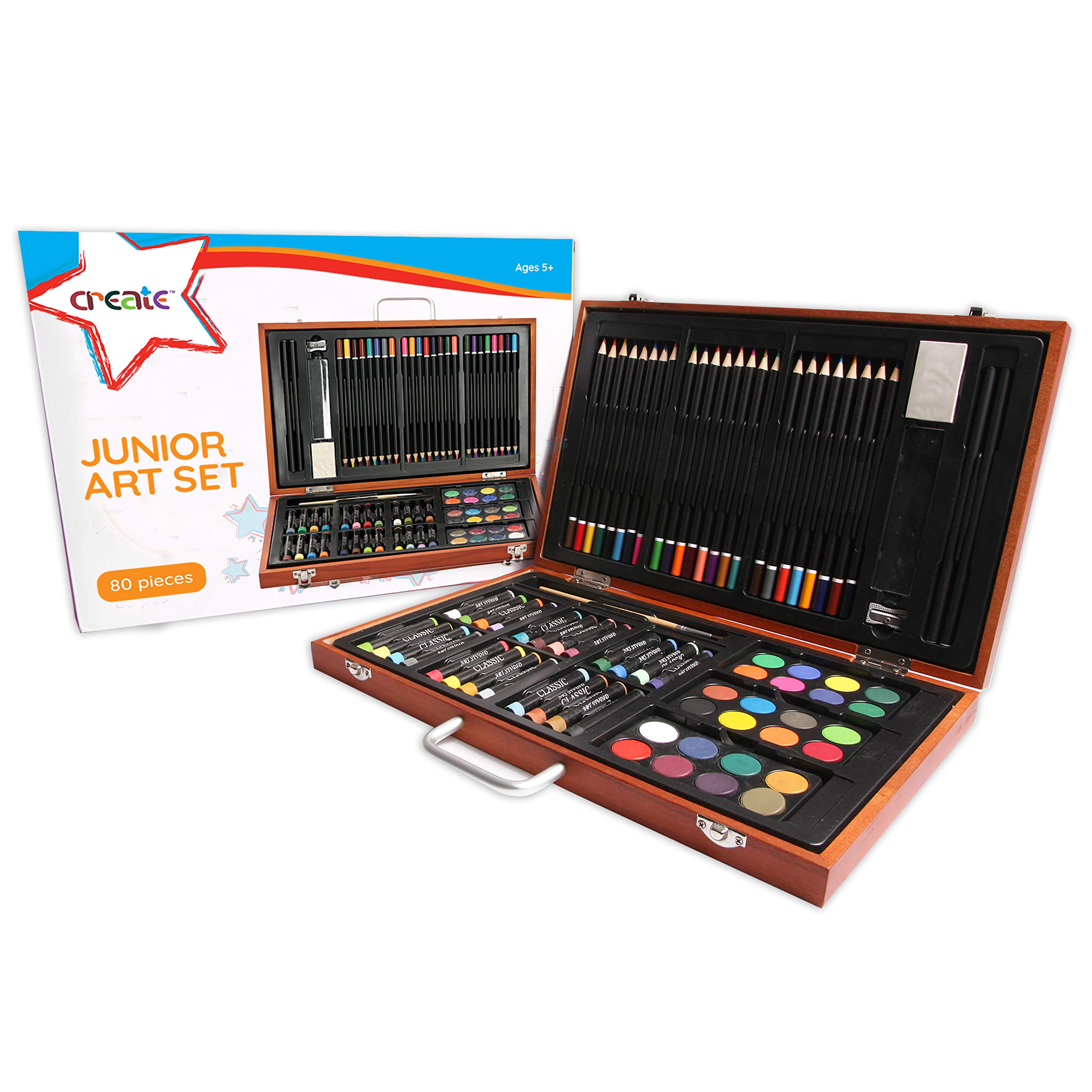 Create Wooden Art Set - (80 Piece) Deluxe Art Creativity Set Box for Colouring, Drawing and Sketching, Gift for Artists
