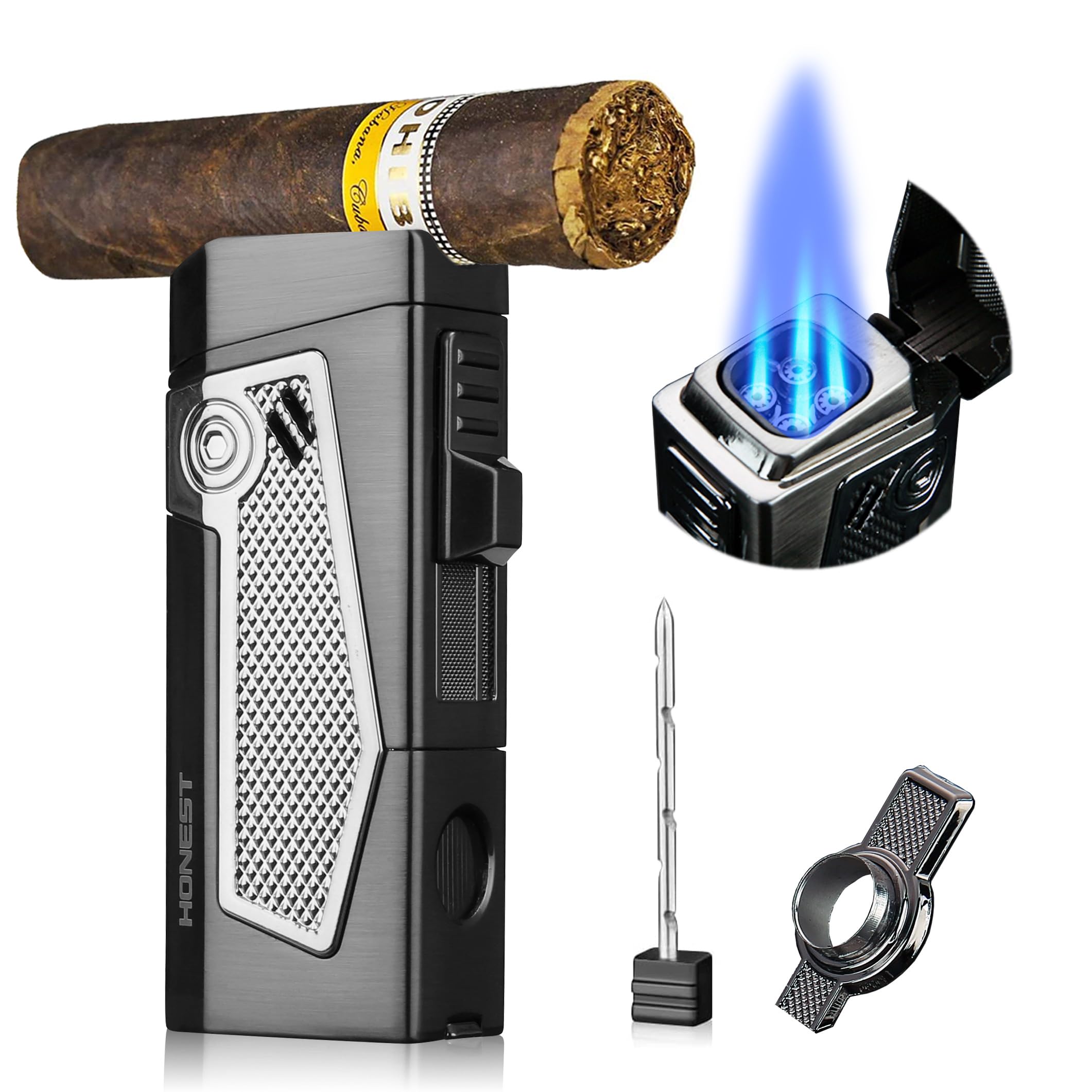 PROMISE Cigar Torch Lighters Quadruple 4 Jet Flame Refillable Butane Gadgets For Men Gift Ideas (Gunmetal)