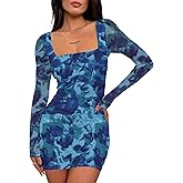 Prinbara Womens Mesh Long Sleeve Square Neck Ruched Mini Dress Sexy Bodycon Elegant Cocktail Evening Club Party Short Dresses