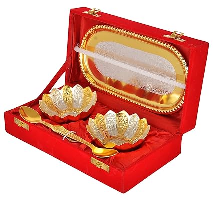 Jaipur Ace Gold & Silver Plated Floral Bowls And Spoon With Octagan Tray