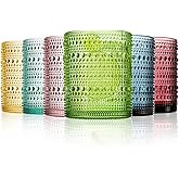 ZOOFOX 6 Pack 12 Oz Romantic Water Glasses, Colored Hobnail Glasses Tumbler, Embossed Drinking Glassware Set for Beer, Cocktail, Soda, Beverages and Whiskey