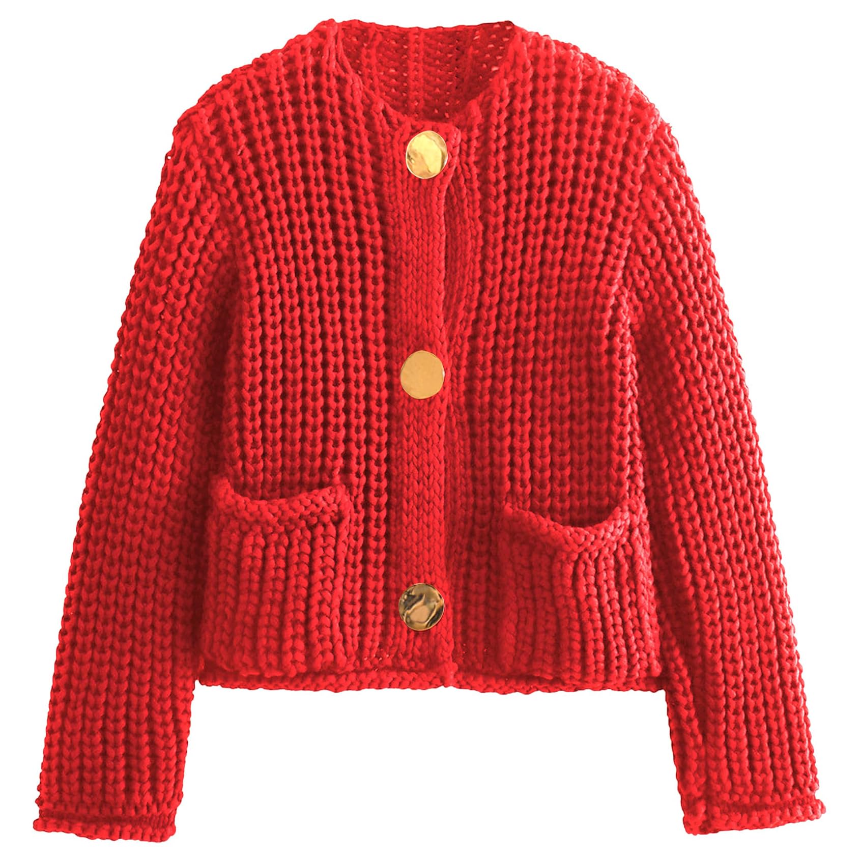 Photo 1 of Arssm Womens Cropped Cardigan Sweaters Chunky Open Front Button Down Knit Sweater Long Sleeve Loose Cardigan Outerwear(Red-XS)