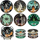 Hziacyzt Ultimate Horror Halloween Coasters Set of 6 with Holder - Matte Ceramic Drink & Wall Art Decor, Spooky Home Office Party Gift | Skull Spider Ghost Decorations