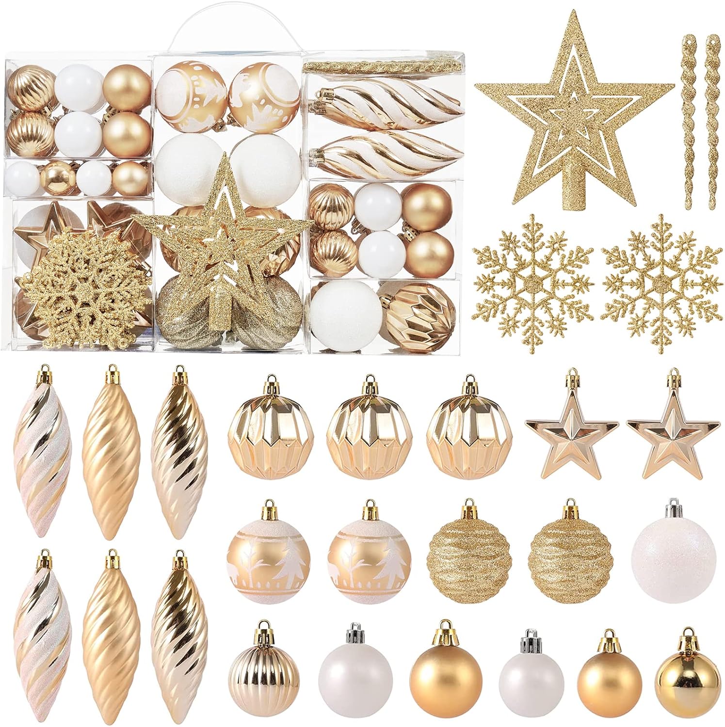 Ornaments - 100ct Christmas Ball Ornaments Set - Assorted Shatterproof Hanging Tree Ornament Set with Reusable Hand-held Gift Package for Xmas Tree Holiday Party and Home Decor (Gold)