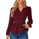 Simplee Womens Blouses Long Sleeve Peplum Boho Tops Fall Dressy Casual V Neck Swiss Dot Babydoll Tops Fashion Shirts