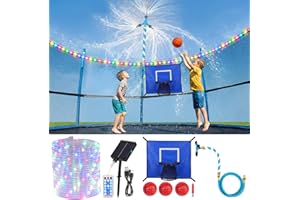 3-in-1 Trampoline Accessories Kit: 360°Rotating Water Sprinkler, 50FT Solar-Powered LED Lights & Kids Basketball Hoop with 3 