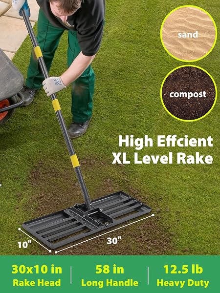LAWN LEVELING RAKE HEAVY DUTY, 30X10 IN LARGE SOIL LEVELING RAKE, GROUND LEVELER WITH ANTI FLIPPING SMOOTH EDGE FOR DIRT SAND GRASS GOLF, 58″ LONG HANDLE, FOLDABLE GARDEN LANDSCAPING LEVELAWN TOOLS