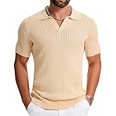 gigkik Mens Polo Shirts Ribbed Hollow Knit Polo Shirt Short Sleeve Muscle V Neck Golf Tees