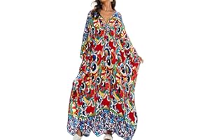 Yanziliu Women Kaftan Dresses Plus Size V-Neck Batwing Sleeves Beach Cover Up 2025 Summer Floral Print Caftan Dress