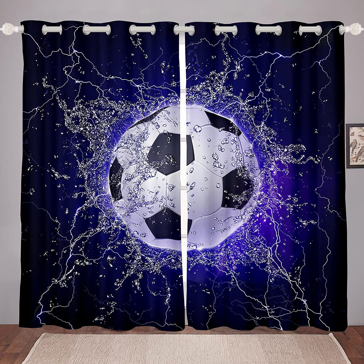 Loussiesd Boys Football Curtains Kids Teens Sports Window Drapes for Girls Youth Ice Lightning Soccer Ball Window Curtains for Bedroom Living Ball Games Window Treatments,W46*L54