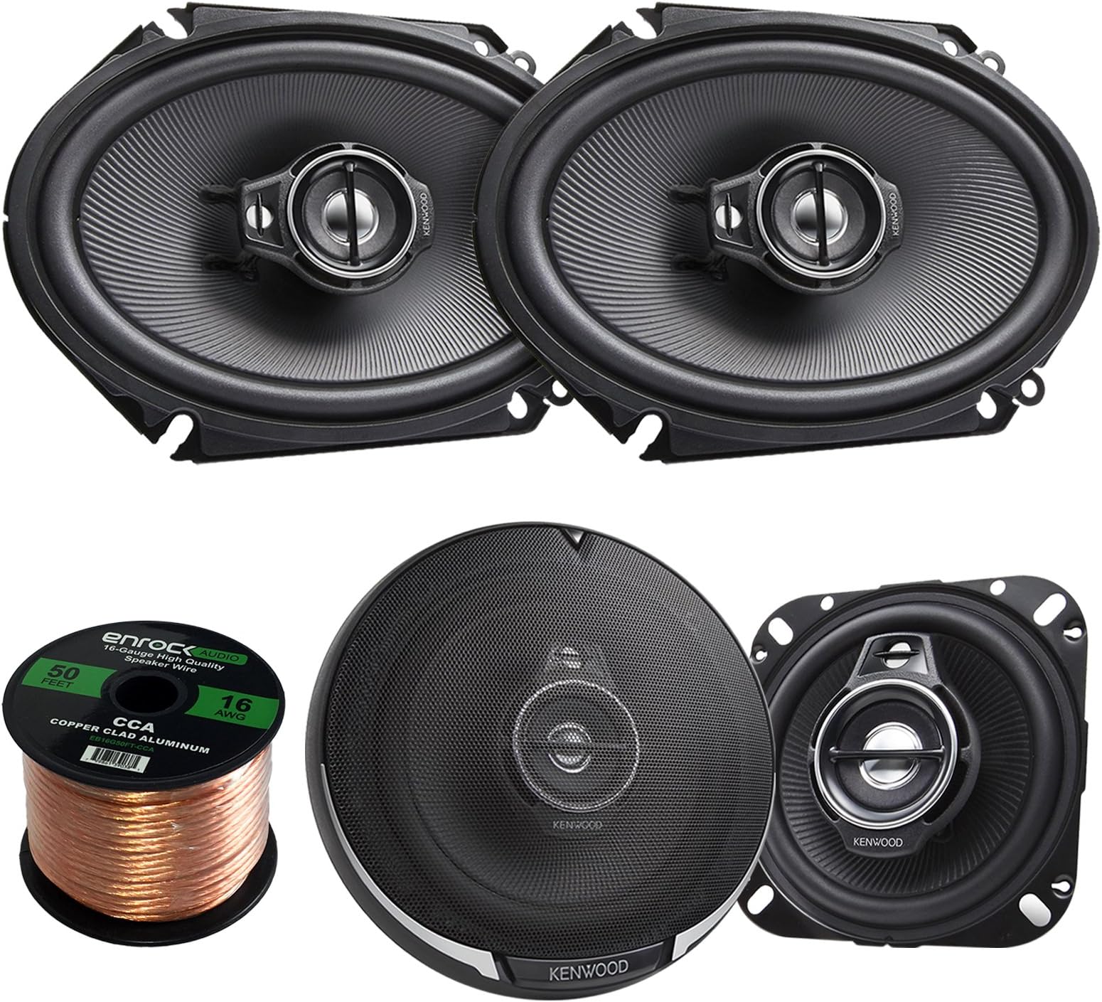 2 Pair Car Speaker Package of 2X Kenwood KFC-1095PS 4" 3-Way Black Performance Series Black Flush Mount Car Coaxial Speakers + 2X KFC-C6895PS 720-Watt 6x8 Inch Audio Speaker + Enrock 16g 50Ft Wire