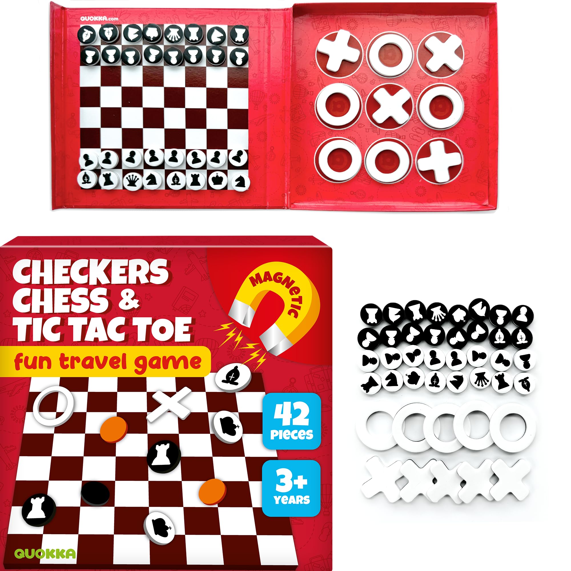 Quokka Travel Games For Kids 3-5 - 3 in 1 Magnetic Chess&Checkers&TicTacToe Game - Plane Activities Board Games for 4-6 year olds - Road Trip I Plane I Car Ride - Magnetic Toddler Travel Toys 8-12