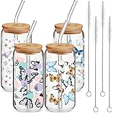 Cunhill 4 Pcs Butterfly Glass Cups Bulk Butterfly Iced Coffee Cup with Bamboo Lid and Straw 16oz Drinking Glasses Beer Can Cup for Christmas Birthday Gift Women Teacher Mom Sister