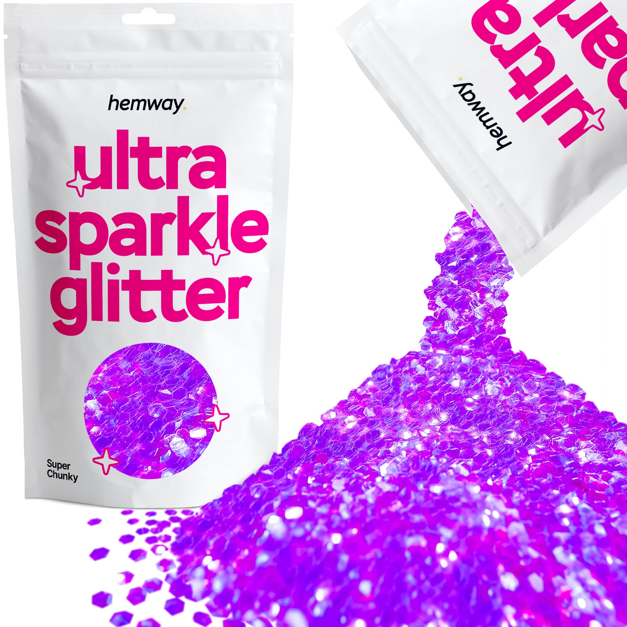 Hemway Ultra Sparkle Glitter Fluorescent Purple 100g Super Chunky | Glitter for Arts & Craft, Makeup, Nail Art, Crafting, Card Making, Sparkle Decoration
