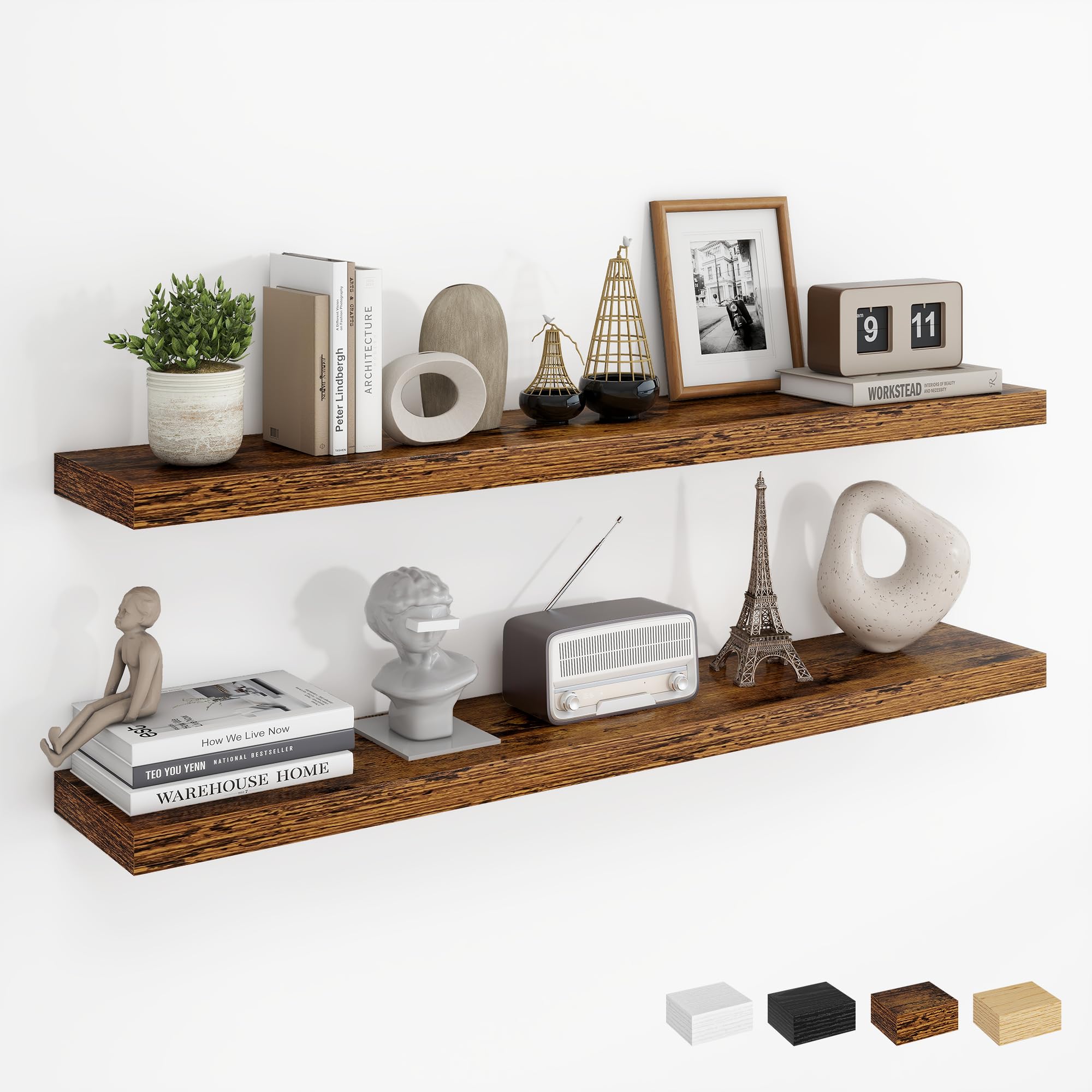 Dreamland 40Inch Floating Shelves for Wall, Rustic Wooden Storage Shelf for Living Room, Kitchen, Farmhouse, Wall Mounted Display Shelving with Invisible Heavy-Duty Metal Bracket, Set of 2 - Brown