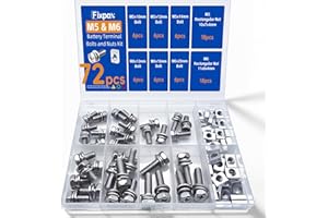 Fixpax 72 Pack M5 & M6 Motorcycle Battery Terminal Bolts and Nuts Kit Stainless Steel M5x10/12/14mm & M6x12/16/20mm Bolts with Rectangular Nuts for ATV Generator Battery Terminal Replacement