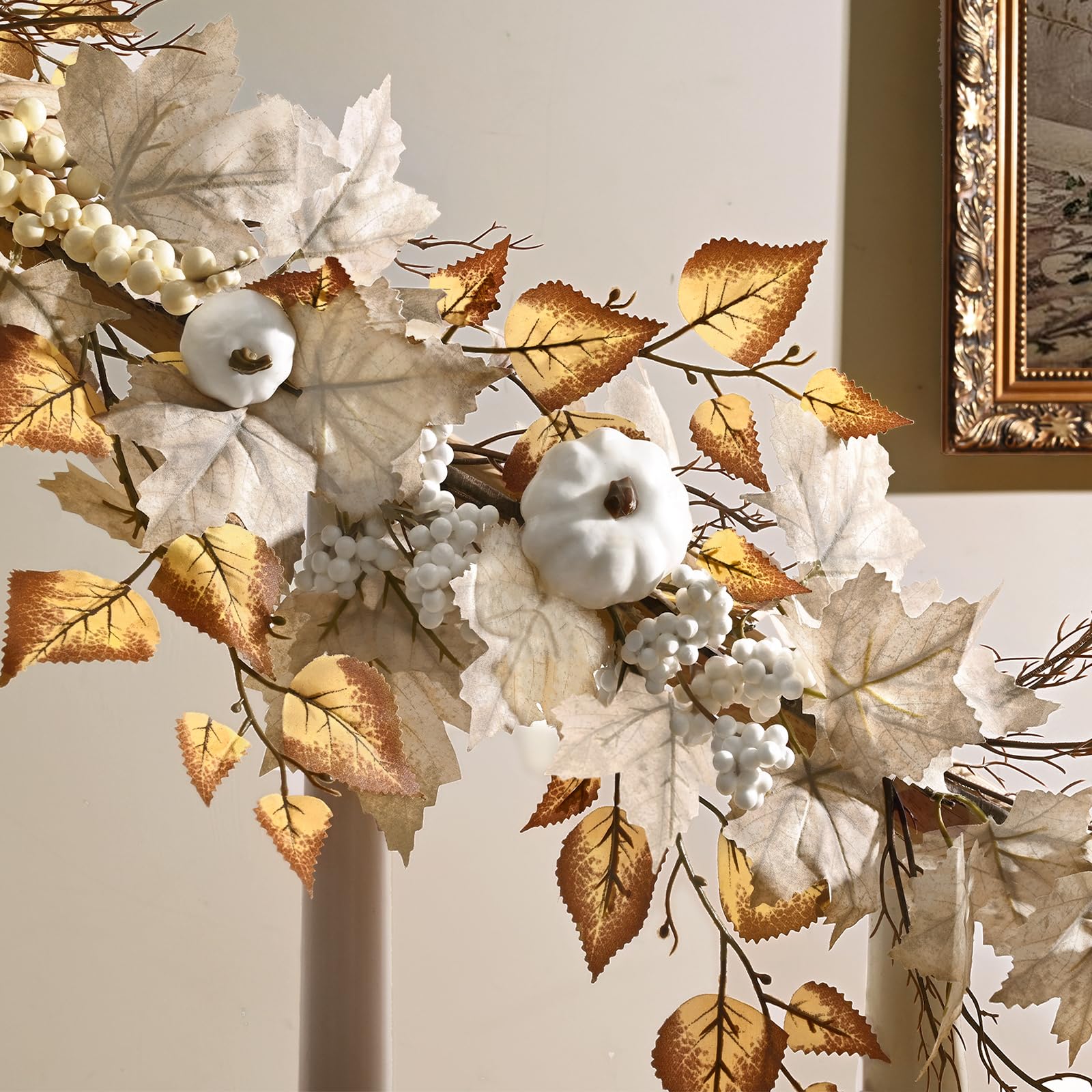 Photo 1 of Waipfaru 5.8ft Fall Garland with Lights Clearance Mantle Fireplace Autumn Garland with Pumpkins for Home Fall Leaves Garland with Berries for Indoor Outdoor Porch Thanksgiving Halloween Decorations