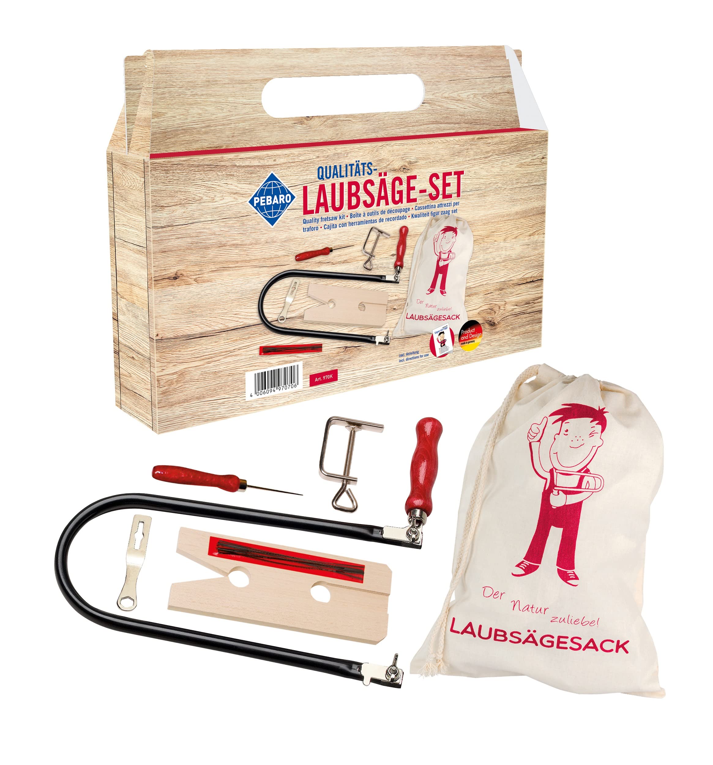 Pebaro 970K Fretsaw Set with Sack, 13 Pieces, Complete Set for Fretsaw Work, Environmentally Friendly Fabric Bag, Fretsaw Bow Made in Germany, Crafts with Wood, Craft Set, Gift Idea for Children
