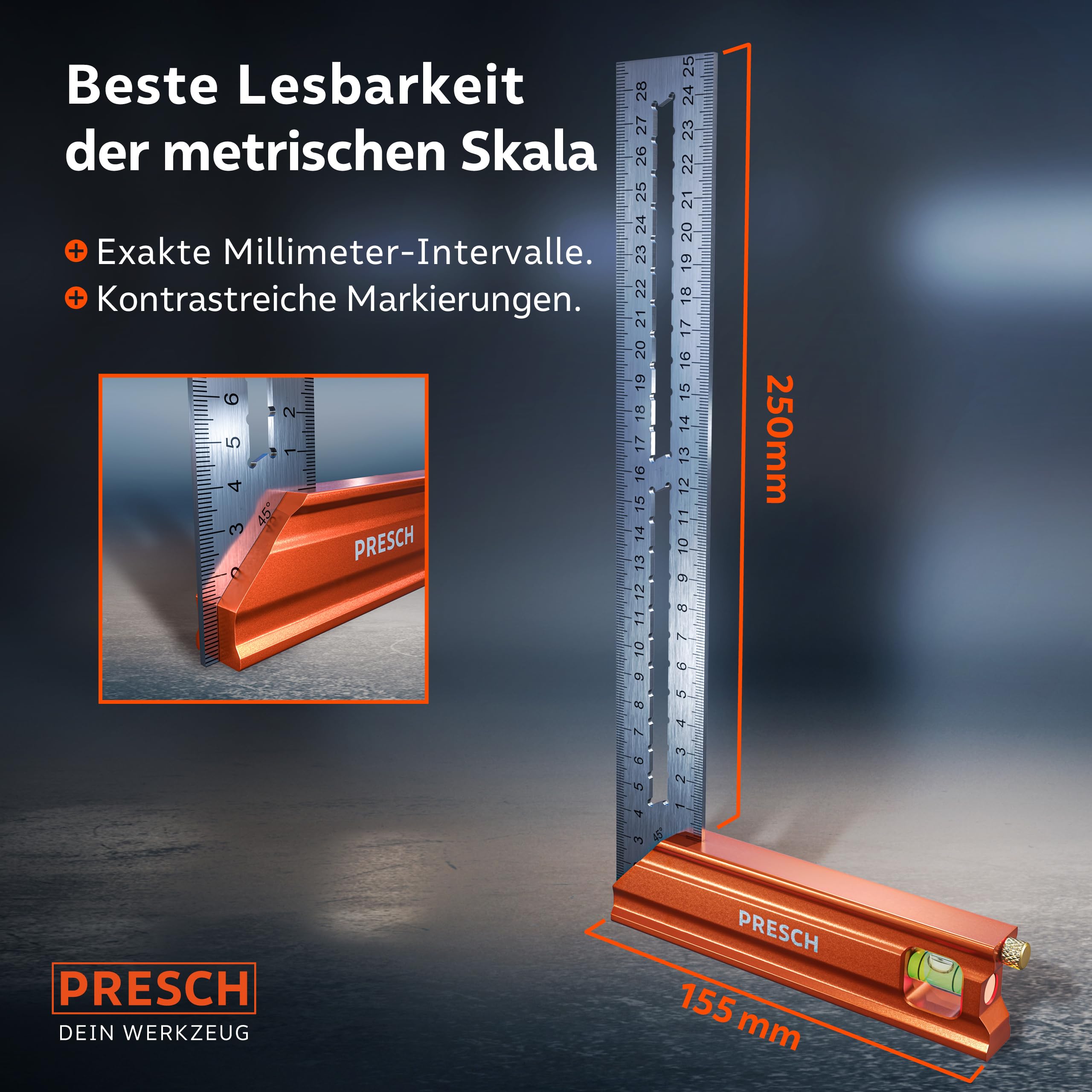 Presch Anschlagwinkel 250mm - Hochpräzise & Rostfrei - Innovatives Streichmaß 25cm - Exakter Schreinerwinkel inkl. Wasserwaage & Anreißnadel für ultimative Vielseitigkeit - Perfekte 90° & 45° 4