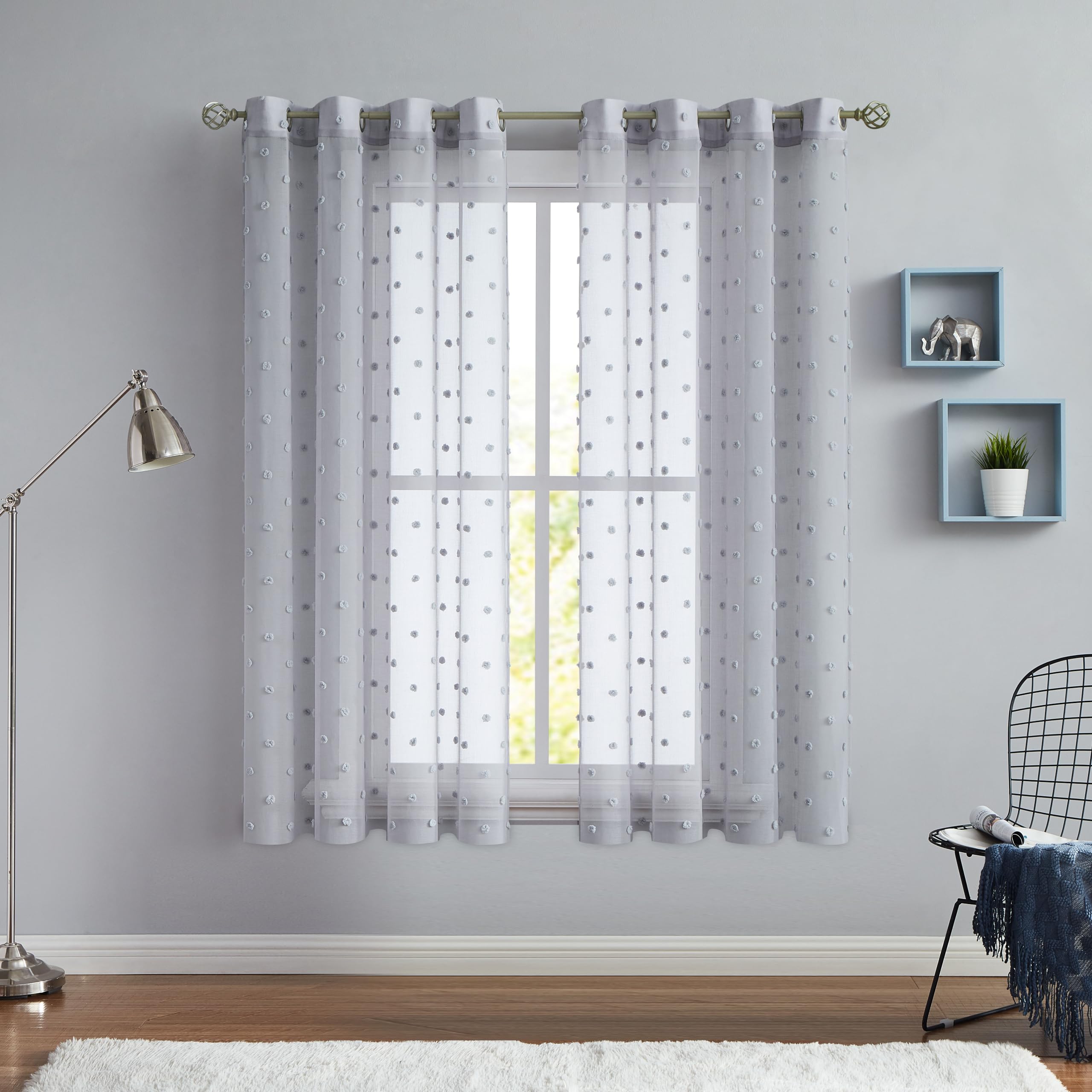 Beauoop Grey Pom Pom Sheer Curtains for Kids Bedroom 54 inch Drop Dot Voile Sheer Curtains for Nursary Living Room Light Filtering Decorative Drapes Grommet Window Treatment Sets 2 Panels