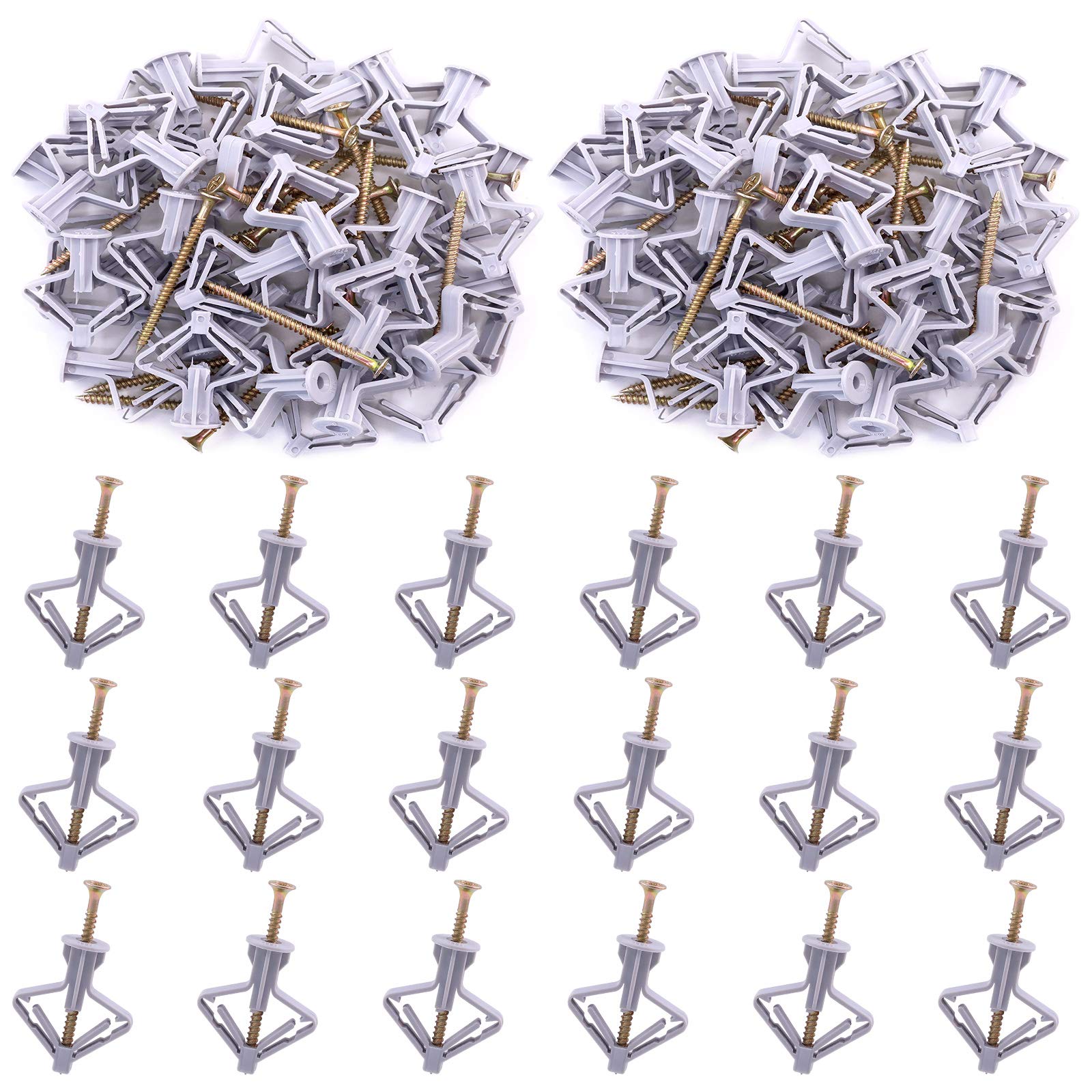 Swpeet 60Pcs Grey Drywall Anchor with Screw Kit - Nylon Plastic Drywall and Hollow-Wall Anchor Kit, Wall Anchor Hooks, and Hollow-Door Toggle Anchor for for Hanging Heavy Items on Drywall
