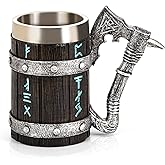 Viking Beer Mug 20oz Stainless Steel Double Wall Heavy Mug, Hand-Carved Oak with Norse Runes, Axe Handle Tankard Gifts for Men Medieval Drinking Cup, Cool Beer Stein for Home Bar Viking Decor