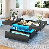 31.5" Square Coffee Table with Sliding Top and Charging Station, Black Coffee Tables with LED Lights and Storage Drawer for Living Room, Modern Center Table with Hidden Compartment, Cabinet
