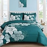 Luxudecor Floral Comforter Set Queen Size, 7 Pieces Bed in a Bag Teal Floral Comforter and Sheet Set, Soft Microfiber Teal Blue Complete Bedding Sets for All Seasons