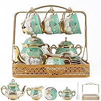 22 Pcs Porcelain Tea Sets,Luxury Tea Cup Set with Golden Trim,European Adult Ceramic Tea Party Set,Flower Painting Teapot Cup