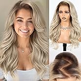 HAIRCUBE 13x6 HD Synthetic Lace Front Wig, 24 Inch Ash Blonde Long Curly Layered Wigs, Natural Density Hairline Glueless Wigs for Women Daily Use
