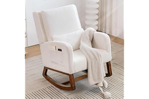 COCO DESIGN Teddy Rocking Chair for Nursery, Sherpa Rocking Chair Indoor for Living Room, Modern Glider Rocker Chair w/Pillow＆Side Pocket