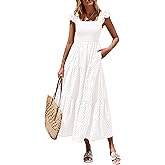 PRETTYGARDEN Womens Summer Square Neck Maxi Dresses Cap Sleeve Eyelet Smocked Tiered A Line Flowy Long Dress with Pockets