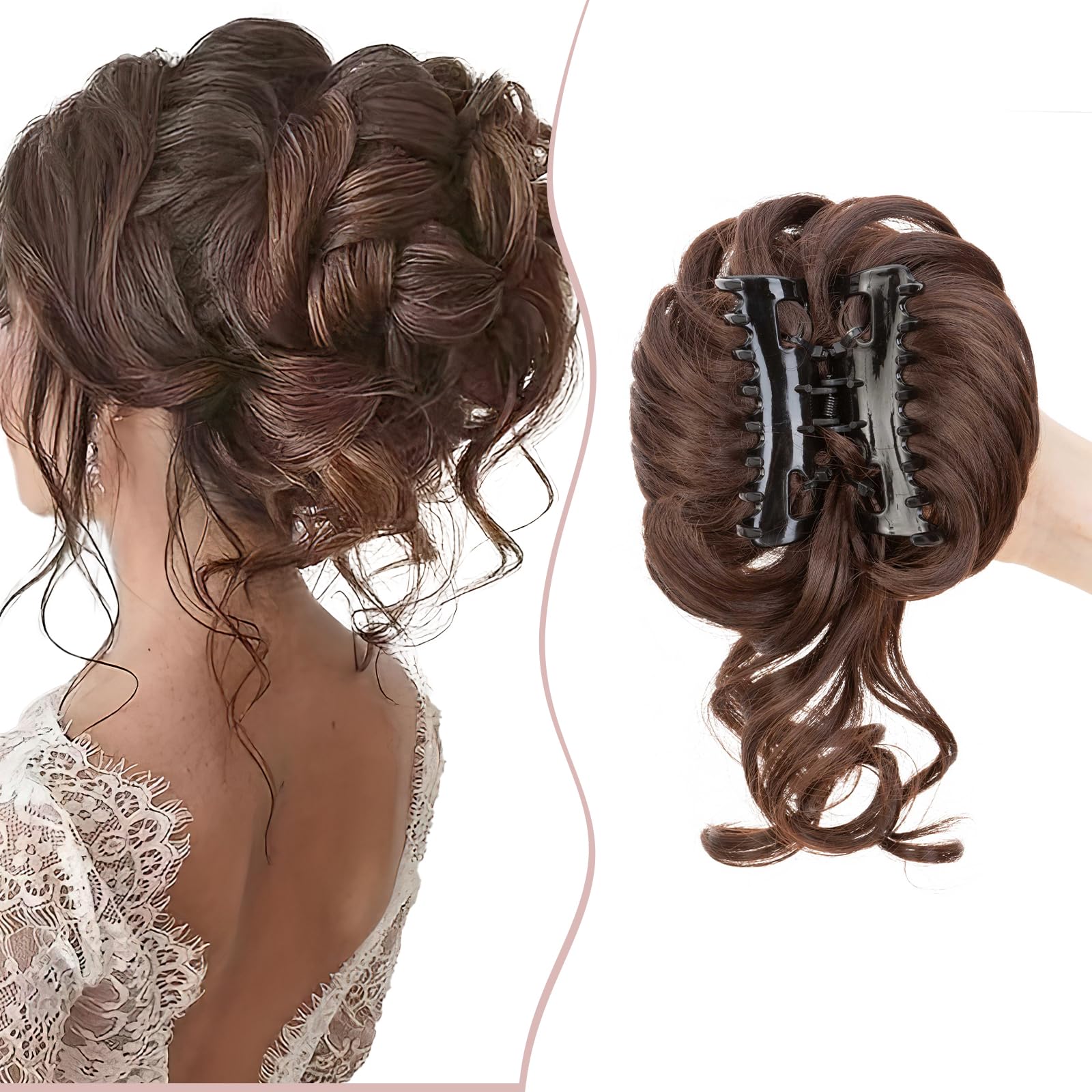 Claw Messy Bun Hairpieces Wavy Curly 75G Thick Hair Chignon Tousled Updo Doughnut Hair Bun Synthetic Ponytail, Medium Brown — image 1