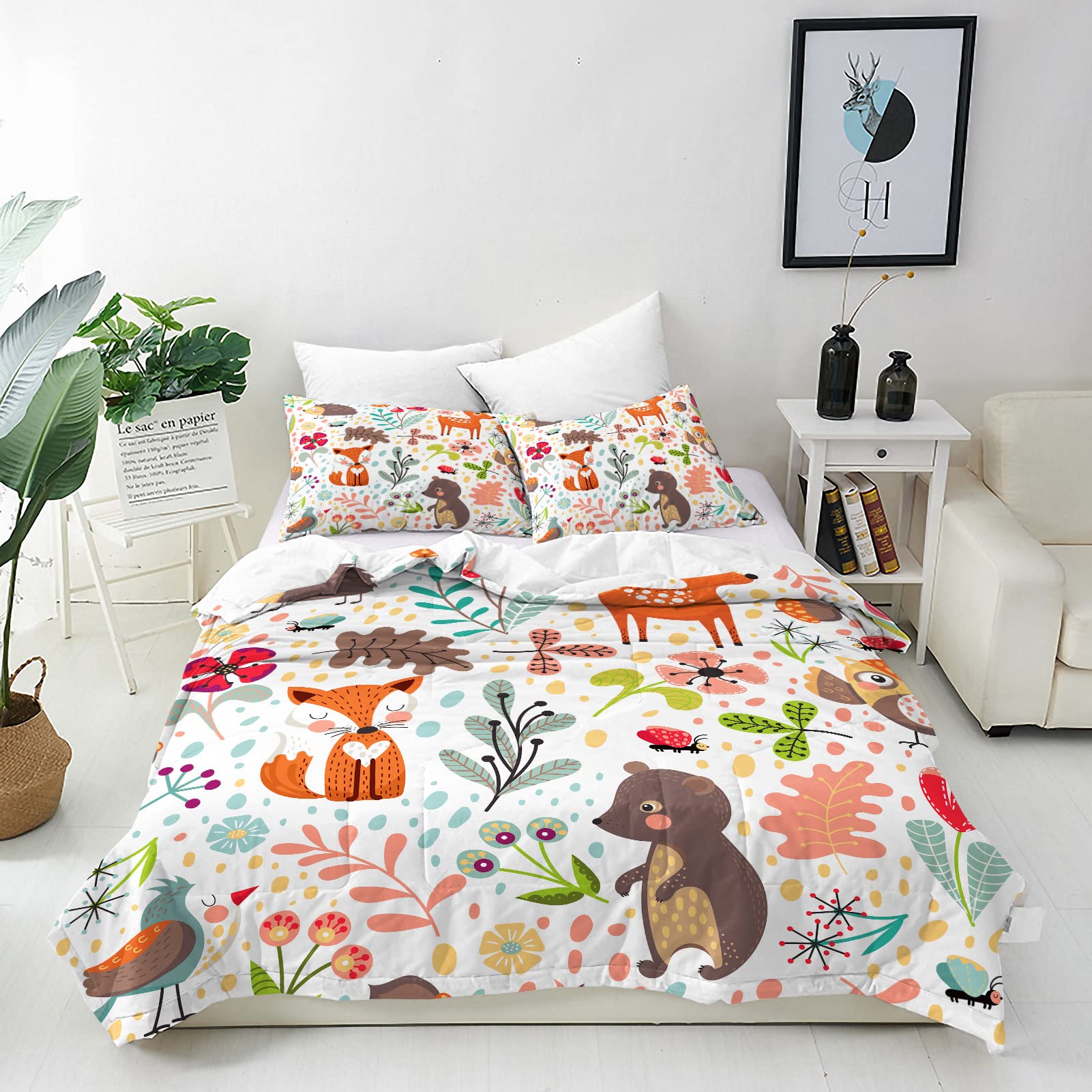 ANHOPE Woodland Animal Duvet Cover Set Soft Lightweight 3Pcs Bedding Set with 2 Pillowcase Jungle Safari Bear Fox Owl Print Pattern Kids Baby Boys Girls Nursery Quilt Cover with Zipper Single Size — image 1