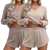 Yearntown 2 Pack Women's Waffle Knit Lounge Sets Long Sleeve V Neck Pajama Sets Tops and Shorts Loungewear with Pockets