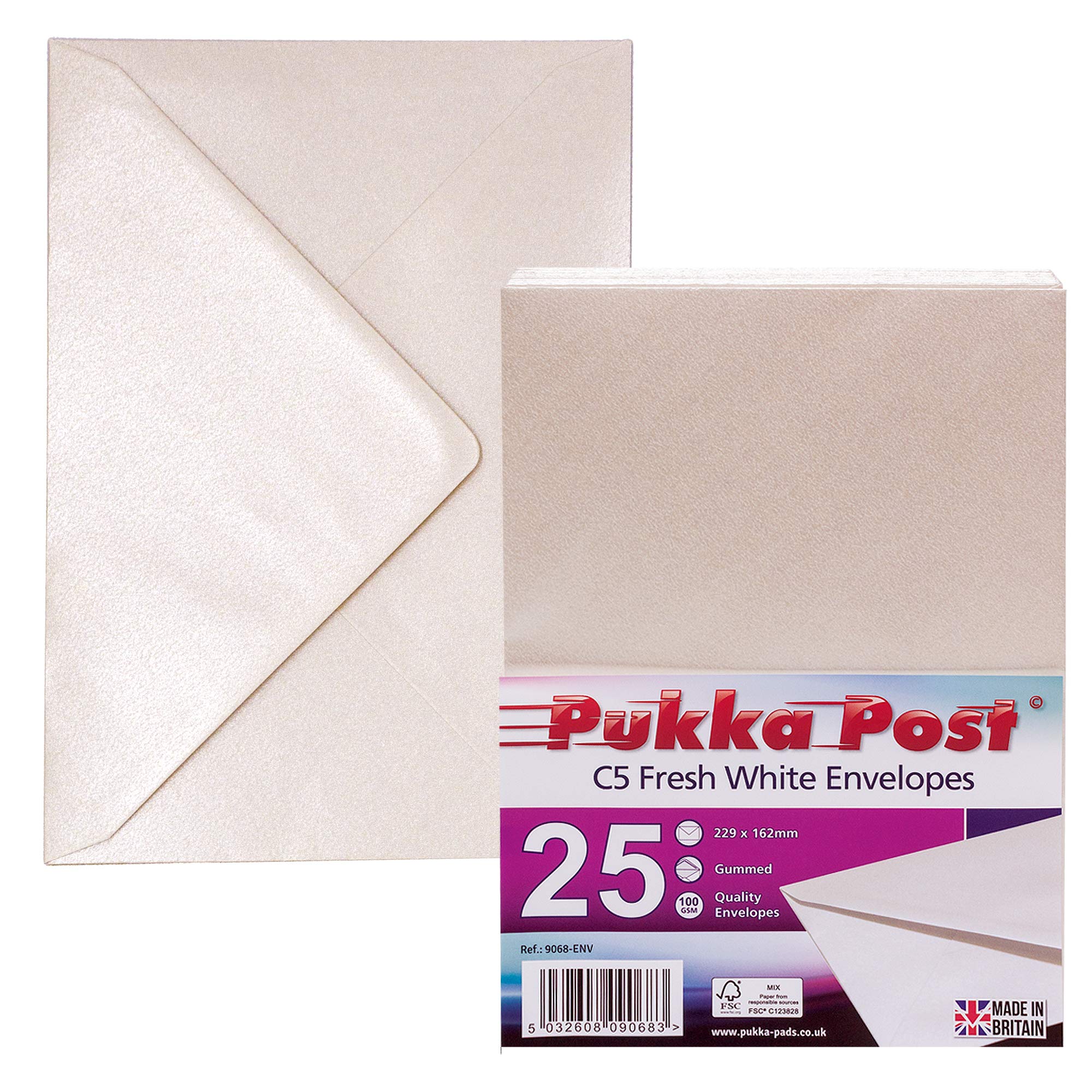 Pukka Pad, Pukka Post & Packaging Gummed Envelopes - Pack of 25, Ready-to-Seal, Durable 100GSM Postal Envelopes for Letters, Invitations, and Other Mail - 229 x 162 mm, Size C5, Fresh White
