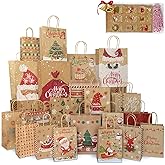 Christmas Gift Bags 24 Pack, Christmas Kraft Paper Bags Bulk with Handles 24 Styles, Assorted Sizes Bag Set with 50 Tags, Xmas Holiday Paper Bag & Goody Bags, Favor Bags (8 large, 8 Medium, 8 Small)