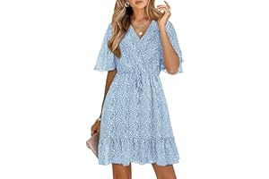 KIRUNDO Women's Summer Dresses 2024 Casual Short Sleeve V Neck Ruffle Floral Print High Waist Flowy Mini Dress with Belt