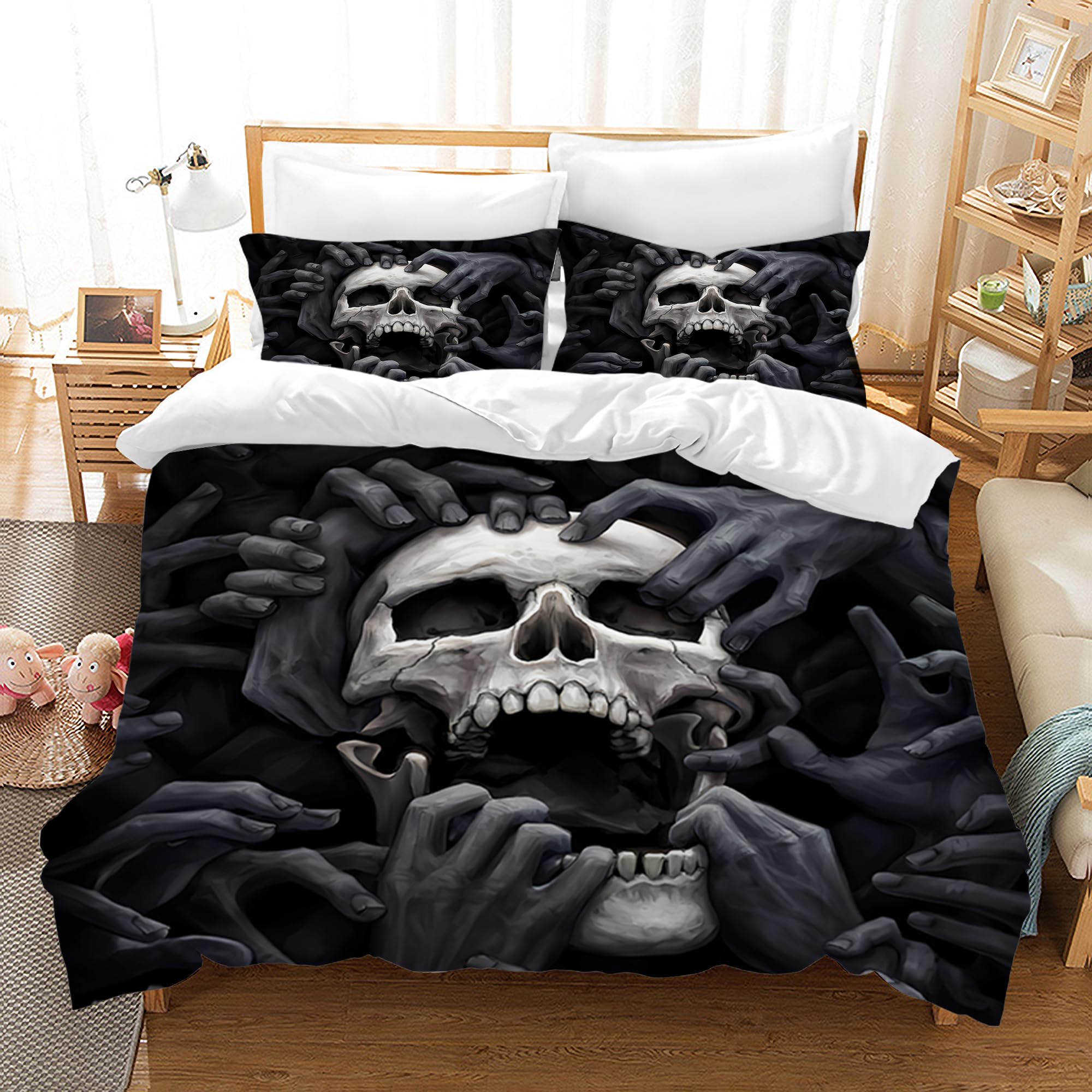 AVJWWD Skull Bedding Duvet Cover Set Soft Microfiber Gothic Bedding Set Skull Pattern Quilt Cover Set with Zipper Closure and 2 Pillow Shams for Kids Adults (Style C, 220x240cm)