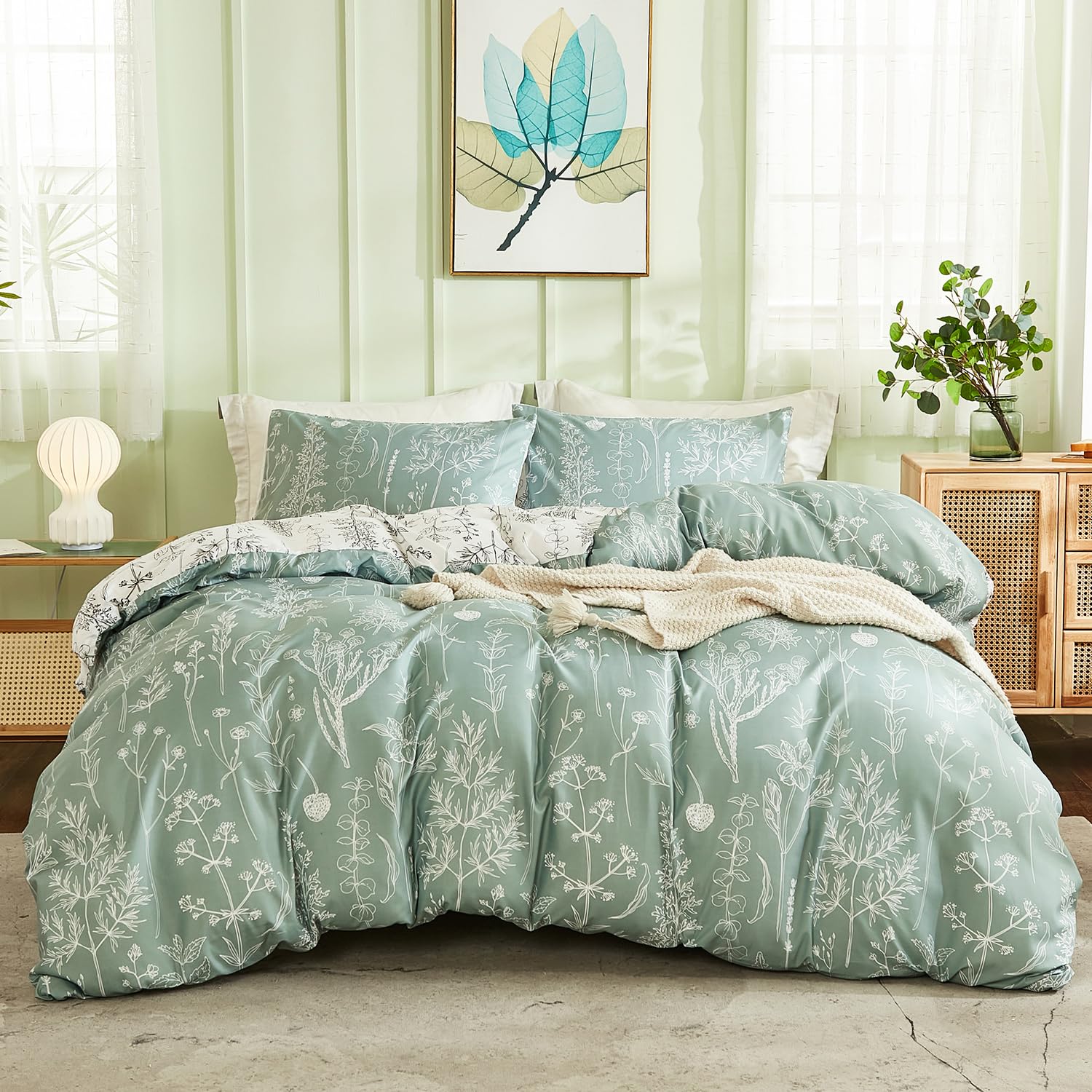 Herside Double Floral Duvet Cover Set, Green, 1 Duvet Cover 2 Pillowcases, Botanical Bedding, Reversible Design, Pastoral Style