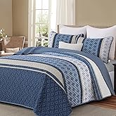Dinjoy Boho Queen Quilt Set, Blue Striped Bedspread Queen Size,Navy Blue Bedding Sets 3 Pieces Micofiber Lightweight Fall Quilts with 2 Pillow Shams Coverlet Bed Sets for Women Men 96''x90''