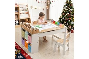 IKALIFE Kids Art Table and Chair - Toddler Craft Table and Chairs Set with 2 Chair & Bins, Kids Activity Desk with Paper Roll for Playrooms & Classroom, 44" L x 24" W, Natural